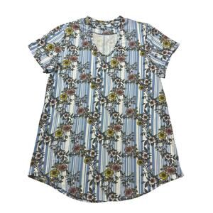 Bobbie Brooks Shirt Womens 1X Blue Striped Floral Short Sleeve Lightweight